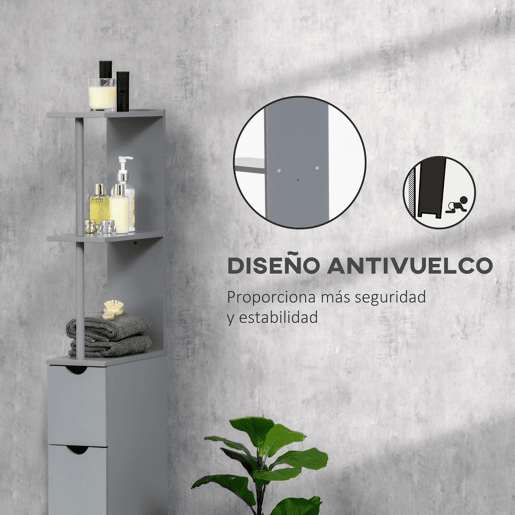 HOMCOM Coluna Estreita de Casa de Banho Armário Alto Moderno com 2 Prateleiras, 2 Gavetas e 1 Porta Anti-queda 15x33x136,8 cm Cinzento