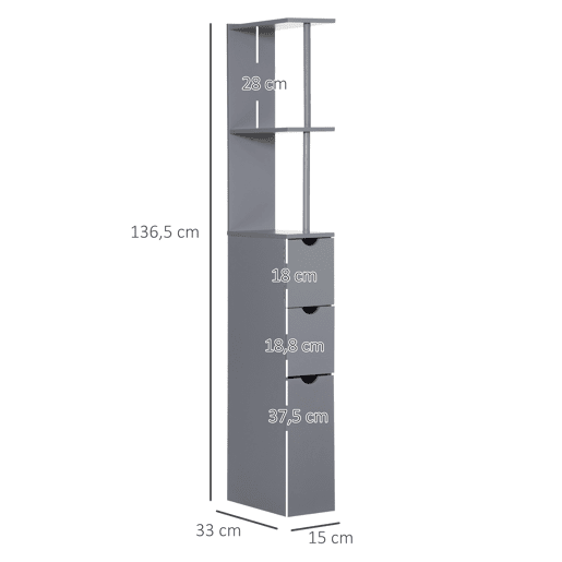 HOMCOM Coluna Estreita de Casa de Banho Armário Alto Moderno com 2 Prateleiras, 2 Gavetas e 1 Porta Anti-queda 15x33x136,8 cm Cinzento