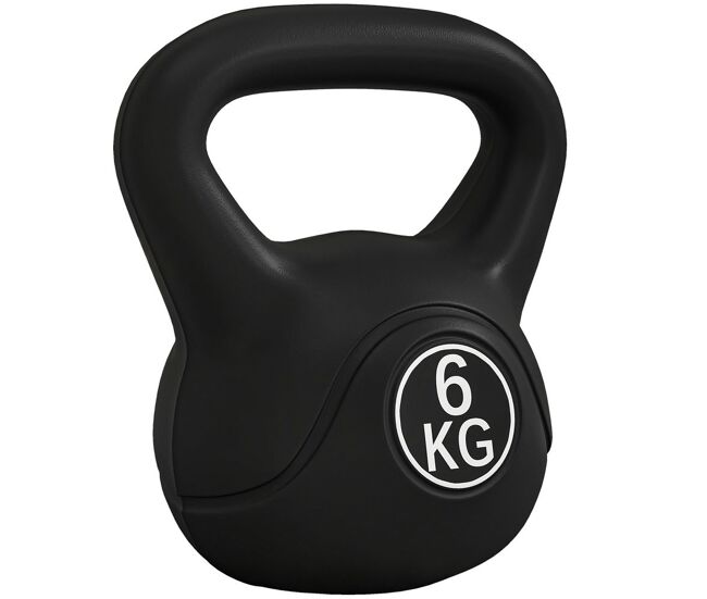 Homcom pesa rusa 6 kg, kettlebell revestimiento de plástico y relleno de arena, con mango ancho y base plana, para entrenamiento culturismo, en casa, gimnasio, negro