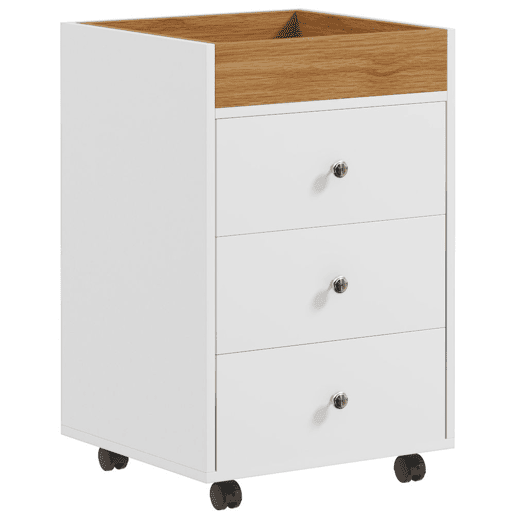 HOMCOM Bloco de Gavetas para Escritório Móvel Arquivador com 4 Rodas 3 Gavetas e 1 Bandeja Amovível Carga 30 kg 43x40x66,5 cm Branco e Natural