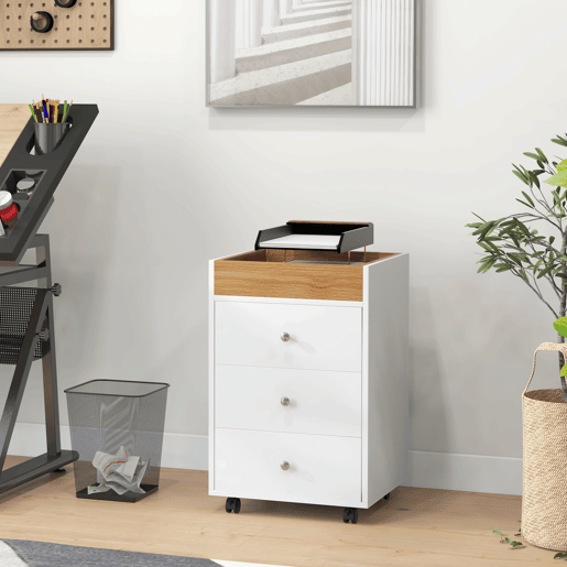 HOMCOM Bloco de Gavetas para Escritório Móvel Arquivador com 4 Rodas 3 Gavetas e 1 Bandeja Amovível Carga 30 kg 43x40x66,5 cm Branco e Natural