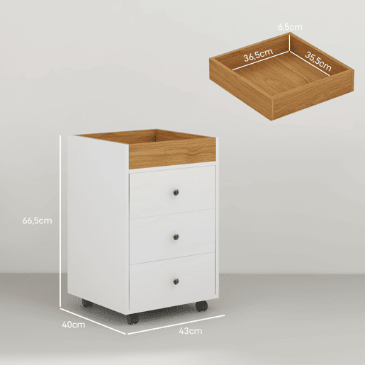 HOMCOM Bloco de Gavetas para Escritório Móvel Arquivador com 4 Rodas 3 Gavetas e 1 Bandeja Amovível Carga 30 kg 43x40x66,5 cm Branco e Natural