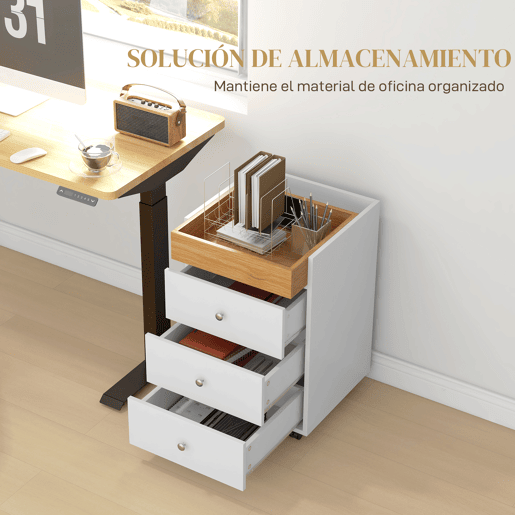 HOMCOM Bloco de Gavetas para Escritório Móvel Arquivador com 4 Rodas 3 Gavetas e 1 Bandeja Amovível Carga 30 kg 43x40x66,5 cm Branco e Natural