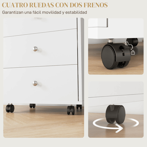 HOMCOM Bloco de Gavetas para Escritório Móvel Arquivador com 4 Rodas 3 Gavetas e 1 Bandeja Amovível Carga 30 kg 43x40x66,5 cm Branco e Natural