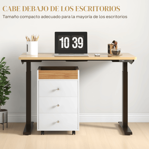HOMCOM Bloco de Gavetas para Escritório Móvel Arquivador com 4 Rodas 3 Gavetas e 1 Bandeja Amovível Carga 30 kg 43x40x66,5 cm Branco e Natural