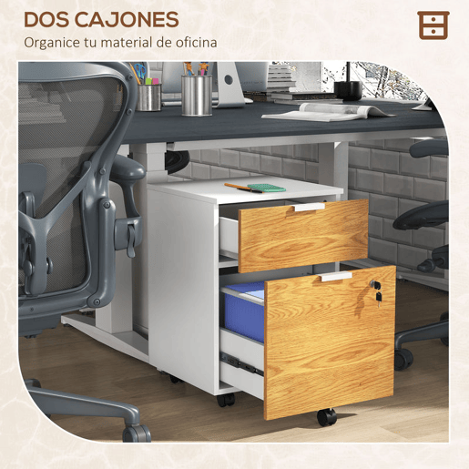 HOMCOM Arquivador para Escritório Móvel Arquivador com 5 Rodas 2 Gavetas 2 Barras Penduradas para Pastas A4 Fechadura e 2 Chaves 42x40x60 cm Madeira