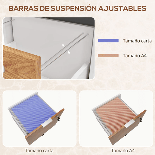 HOMCOM Arquivador para Escritório Móvel Arquivador com 5 Rodas 2 Gavetas 2 Barras Penduradas para Pastas A4 Fechadura e 2 Chaves 42x40x60 cm Madeira