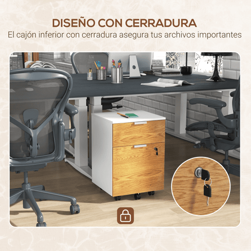HOMCOM Arquivador para Escritório Móvel Arquivador com 5 Rodas 2 Gavetas 2 Barras Penduradas para Pastas A4 Fechadura e 2 Chaves 42x40x60 cm Madeira