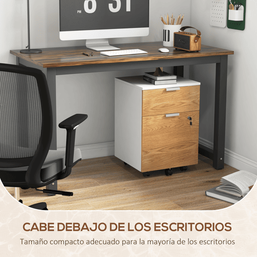 HOMCOM Arquivador para Escritório Móvel Arquivador com 5 Rodas 2 Gavetas 2 Barras Penduradas para Pastas A4 Fechadura e 2 Chaves 42x40x60 cm Madeira