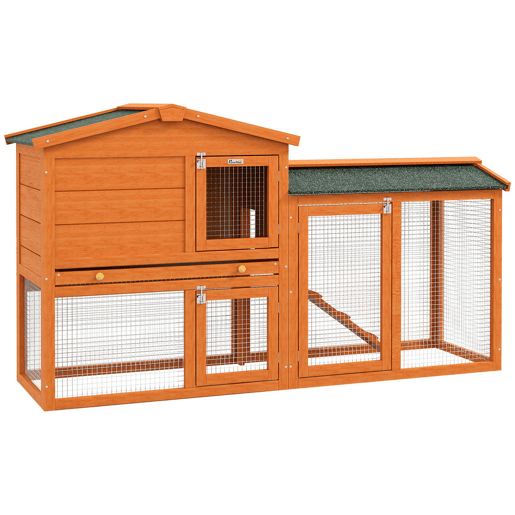 PawHut Coelheira de Madeira de 2 Níveis, Jaula Grande para Coelhos com Telhado Asfáltico, Bandeja Removível e Rampa, Coelheira para Exterior, para Porquinhos-da-Índia e Hamsters, 150x45x85 cm, Laranja