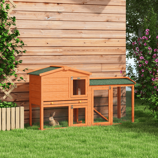 PawHut Coelheira de Madeira de 2 Níveis, Jaula Grande para Coelhos com Telhado Asfáltico, Bandeja Removível e Rampa, Coelheira para Exterior, para Porquinhos-da-Índia e Hamsters, 150x45x85 cm, Laranja