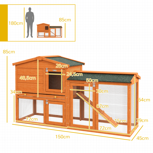 PawHut Coelheira de Madeira de 2 Níveis, Jaula Grande para Coelhos com Telhado Asfáltico, Bandeja Removível e Rampa, Coelheira para Exterior, para Porquinhos-da-Índia e Hamsters, 150x45x85 cm, Laranja