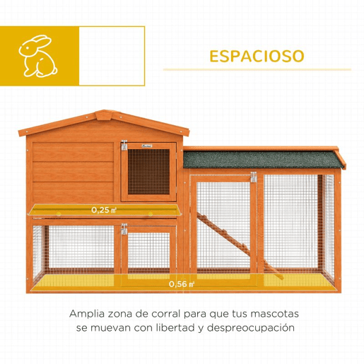PawHut Coelheira de Madeira de 2 Níveis, Jaula Grande para Coelhos com Telhado Asfáltico, Bandeja Removível e Rampa, Coelheira para Exterior, para Porquinhos-da-Índia e Hamsters, 150x45x85 cm, Laranja