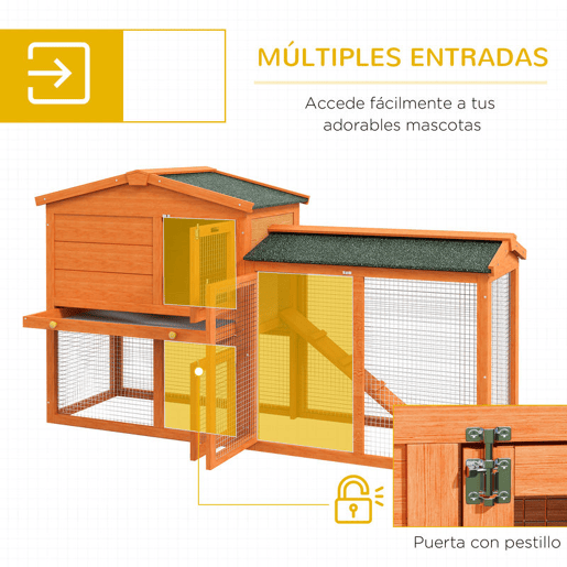 PawHut Coelheira de Madeira de 2 Níveis, Jaula Grande para Coelhos com Telhado Asfáltico, Bandeja Removível e Rampa, Coelheira para Exterior, para Porquinhos-da-Índia e Hamsters, 150x45x85 cm, Laranja