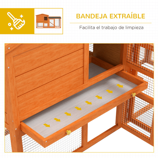 PawHut Coelheira de Madeira de 2 Níveis, Jaula Grande para Coelhos com Telhado Asfáltico, Bandeja Removível e Rampa, Coelheira para Exterior, para Porquinhos-da-Índia e Hamsters, 150x45x85 cm, Laranja