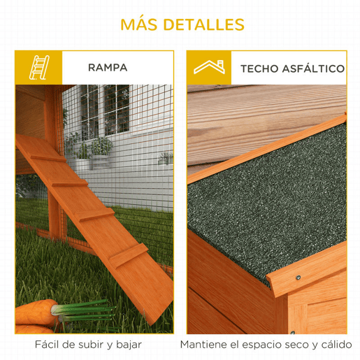 PawHut Coelheira de Madeira de 2 Níveis, Jaula Grande para Coelhos com Telhado Asfáltico, Bandeja Removível e Rampa, Coelheira para Exterior, para Porquinhos-da-Índia e Hamsters, 150x45x85 cm, Laranja