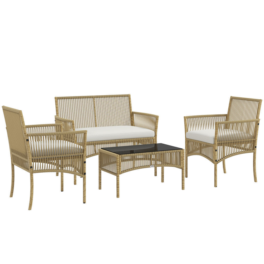 Outsunny conjunto jardín exterior de ratán, muebles jardín exterior para 4 piezas, muebles terraza con 1 sofá de 2 plazas, 2 sillones, cojines y 1 mesa de tablero de vidrio, para patio natural