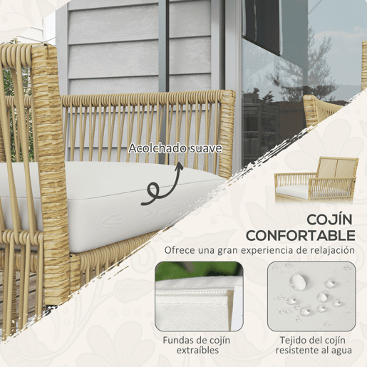 Outsunny Conjunto de Móveis de Jardim de Vime Conjunto de 4 Peças de Móveis de Varanda com 1 Sofá de 2 Lugares 2 Poltronas Almofadas e Mesa de Centro com Bancada de Vidro para Pátio Bege