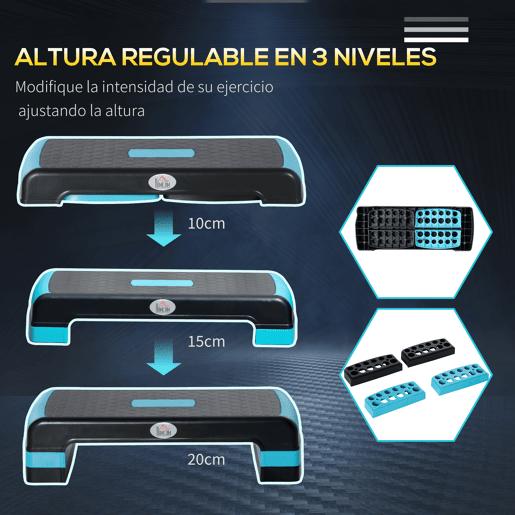 HOMCOM Plataforma Step Fitness Step de Aeróbico com Altura Ajustável de 101520 cm Plataforma de Exercício em Casa Ginásio Oficina Carga 150kg 78x28x20 cm Azul e Preto