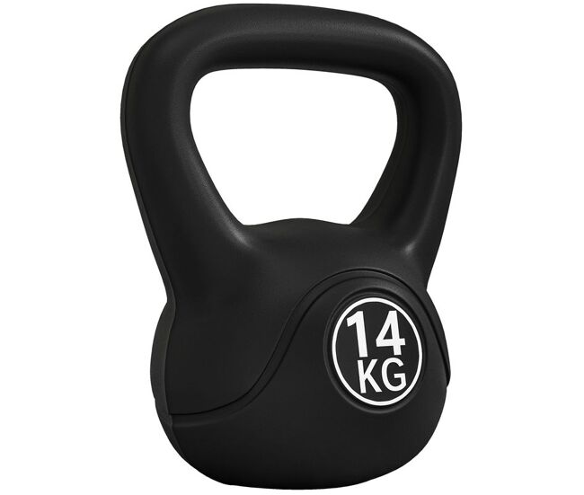 Homcom pesa rusa 14 kg, kettlebell revestimiento de plástico y relleno de arena, con mango ancho y base plana, para entrenamiento culturismo, en casa,