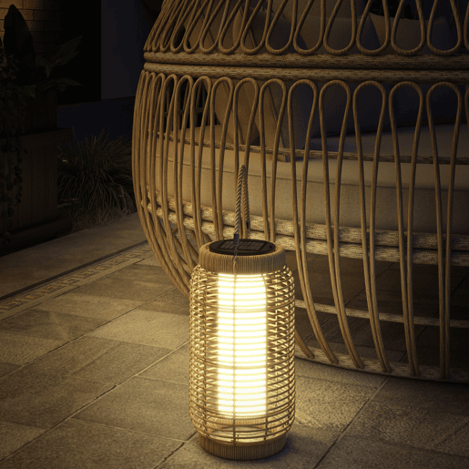 Outsunny Lanterna Decorativa de Vime Lanterna Solar de Exterior com Painel Solar Luzes LED Ligar e Desligar Automático para Jardim Exterior Ø18x37 cm Preto e Areia