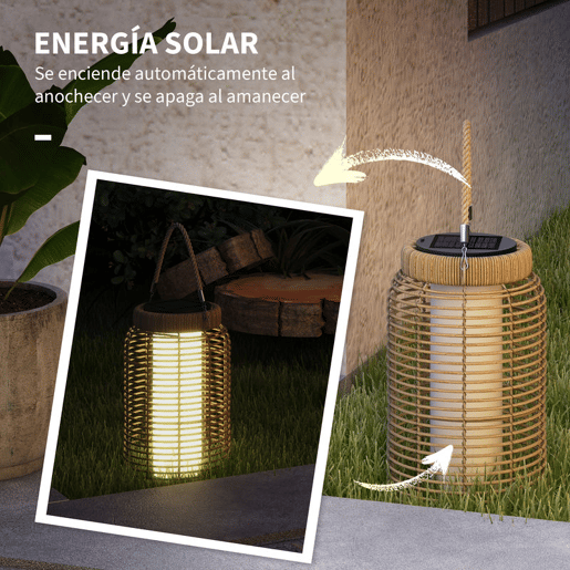 Outsunny Lanterna Decorativa de Vime Lanterna Solar de Exterior com Painel Solar Luzes LED Ligar e Desligar Automático para Jardim Exterior Ø18x37 cm Preto e Areia