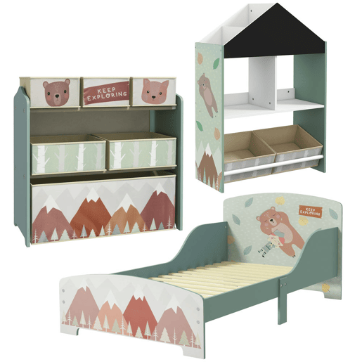 ZONEKIZ Conjunto para Crianças Inclui 1 Cama Infantil 1 Estante para Brinquedos com Ardósia e 1 Organizador de Brinquedos com 6 Caixas de Tecido Amovíveis Verde
