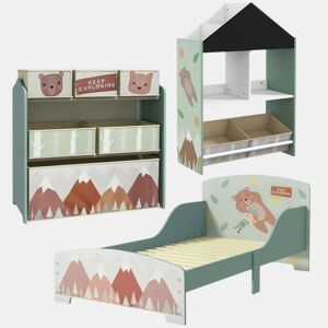 ZONEKIZ Conjunto para Crianças Inclui 1 Cama Infantil 1 Estante para Brinquedos com Ardósia e 1 Organizador de Brinquedos com 6 Caixas de Tecido Amovíveis Verde