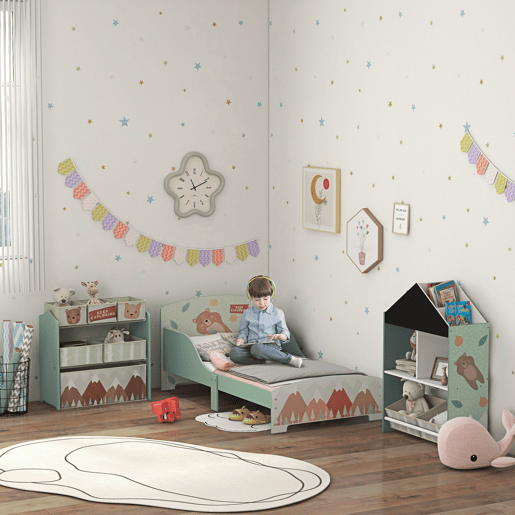 ZONEKIZ Conjunto para Crianças Inclui 1 Cama Infantil 1 Estante para Brinquedos com Ardósia e 1 Organizador de Brinquedos com 6 Caixas de Tecido Amovíveis Verde