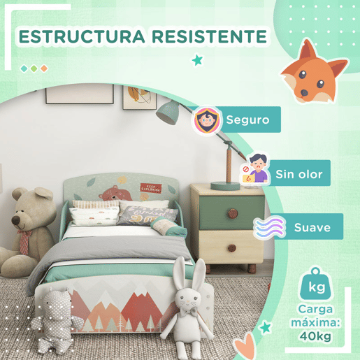 ZONEKIZ Conjunto para Crianças Inclui 1 Cama Infantil 1 Estante para Brinquedos com Ardósia e 1 Organizador de Brinquedos com 6 Caixas de Tecido Amovíveis Verde