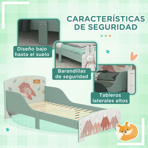 ZONEKIZ Conjunto para Crianças Inclui 1 Cama Infantil 1 Estante para Brinquedos com Ardósia e 1 Organizador de Brinquedos com 6 Caixas de Tecido Amovíveis Verde