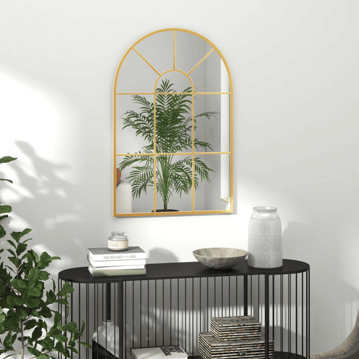 HOMCOM Espelho Decorativo de Parede 60x91 cm Espelho em Forma de Arco de Metal para Sala de Estar Dormitório Entrada Estilo Moderno Dourado