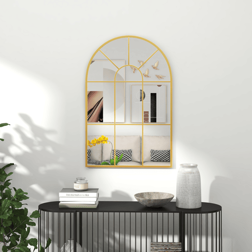 HOMCOM Espelho Decorativo de Parede 60x91 cm Espelho em Forma de Arco de Metal para Sala de Estar Dormitório Entrada Estilo Moderno Dourado