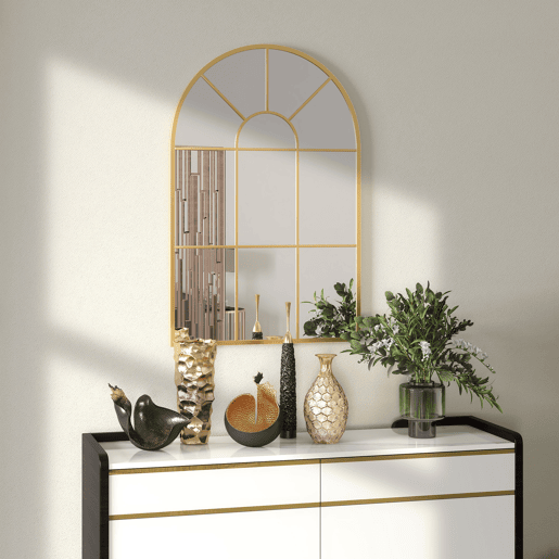 HOMCOM Espelho Decorativo de Parede 60x91 cm Espelho em Forma de Arco de Metal para Sala de Estar Dormitório Entrada Estilo Moderno Dourado
