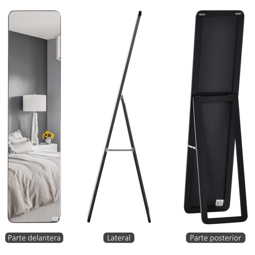 HOMCOM Espelho de Pé de Corpo Inteiro Retangular com 2 Formas de Uso, Moldura de Madeira de Pinheiro Moderna para Corredor, Quarto ou Sala de Estar, 37x43x156 cm Preto