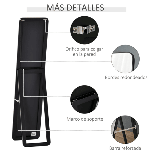 HOMCOM Espelho de Pé de Corpo Inteiro Retangular com 2 Formas de Uso, Moldura de Madeira de Pinheiro Moderna para Corredor, Quarto ou Sala de Estar, 37x43x156 cm Preto
