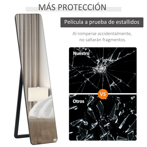 HOMCOM Espelho de Pé de Corpo Inteiro Retangular com 2 Formas de Uso, Moldura de Madeira de Pinheiro Moderna para Corredor, Quarto ou Sala de Estar, 37x43x156 cm Preto
