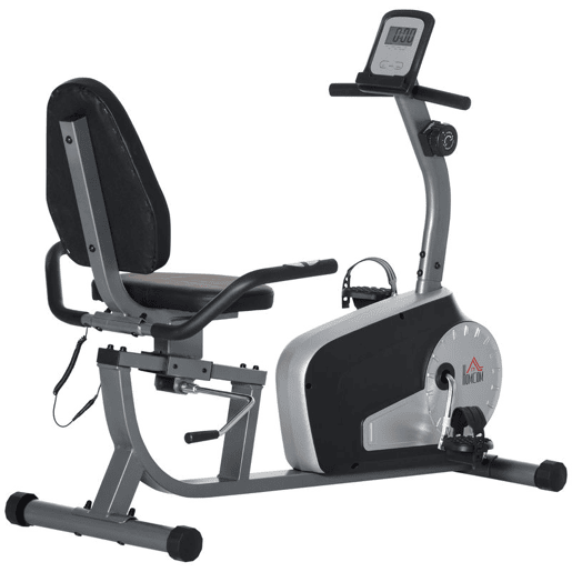 HOMCOM Bicicleta Estática com Encosto Bicicleta de Exercícios Fitness com 8 Níveis de Resistência Magnética Comprimento Ajustável Ecrã LCD para Casa Escritório Ginásio Cinza