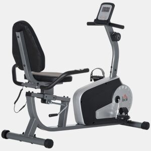 HOMCOM Bicicleta Estática com Encosto Bicicleta de Exercícios Fitness com 8 Níveis de Resistência Magnética Comprimento Ajustável Ecrã LCD para Casa Escritório Ginásio Cinza