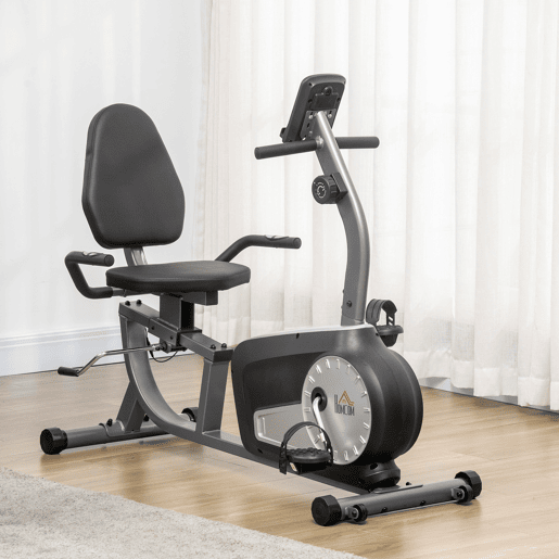 HOMCOM Bicicleta Estática com Encosto Bicicleta de Exercícios Fitness com 8 Níveis de Resistência Magnética Comprimento Ajustável Ecrã LCD para Casa Escritório Ginásio Cinza