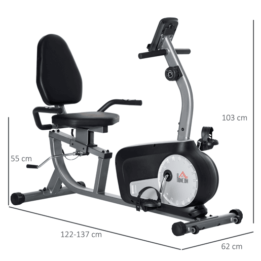 HOMCOM Bicicleta Estática com Encosto Bicicleta de Exercícios Fitness com 8 Níveis de Resistência Magnética Comprimento Ajustável Ecrã LCD para Casa Escritório Ginásio Cinza