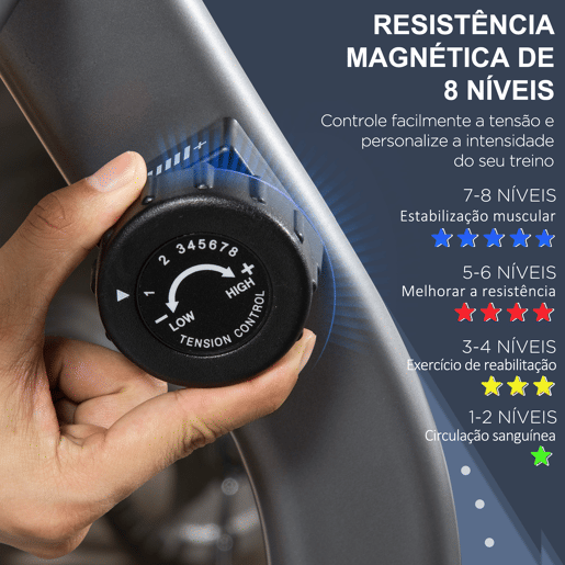 HOMCOM Bicicleta Estática com Encosto Bicicleta de Exercícios Fitness com 8 Níveis de Resistência Magnética Comprimento Ajustável Ecrã LCD para Casa Escritório Ginásio Cinza
