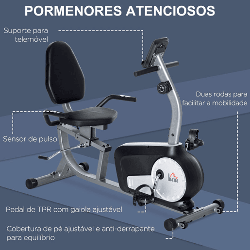 HOMCOM Bicicleta Estática com Encosto Bicicleta de Exercícios Fitness com 8 Níveis de Resistência Magnética Comprimento Ajustável Ecrã LCD para Casa Escritório Ginásio Cinza