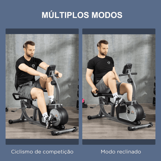 HOMCOM Bicicleta Estática com Encosto Bicicleta de Exercícios Fitness com 8 Níveis de Resistência Magnética Comprimento Ajustável Ecrã LCD para Casa Escritório Ginásio Cinza