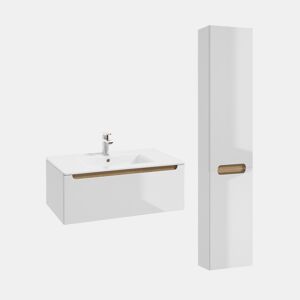 Conjunto móvel lavatório simples embutido 80cm 1 gaveta coluna Livia Branco Madeira