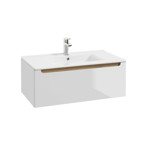 Conjunto móvel lavatório simples embutido 80cm 1 gaveta coluna Livia Branco Madeira