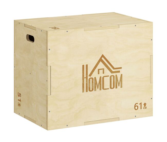 Homcom cajón pliométrico de madera 3 en 1, plataforma de caja pliométrica con 3 alturas diferentes, 2 mango hueco, entrenamiento de salto, fuerza,