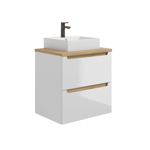 Móvel simples lavatório 60cm 2 gavetas Livia Branco e Madeira