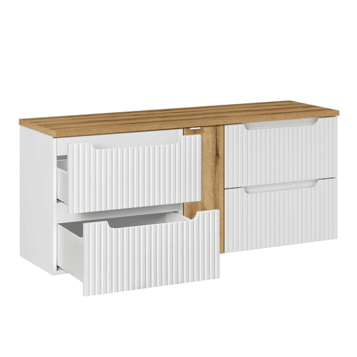 Móvel sob-lavatório 140cm 4 gavetas bancada Riva Branco e Madeira