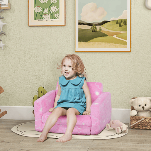 AIYAPLAY Poltrona para Crianças Dobrável Sofá Infantil Reclinável 2 em 1 Sofá para Crianças Estofado em Tecido Luminoso com Desenho de Nunes e Capa Lavável para Dormitório Sala de Estar Rosa